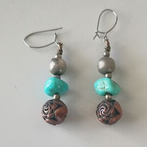 Vintage Handcrafted Native American Dangle Earrings With Turquoise Chunk